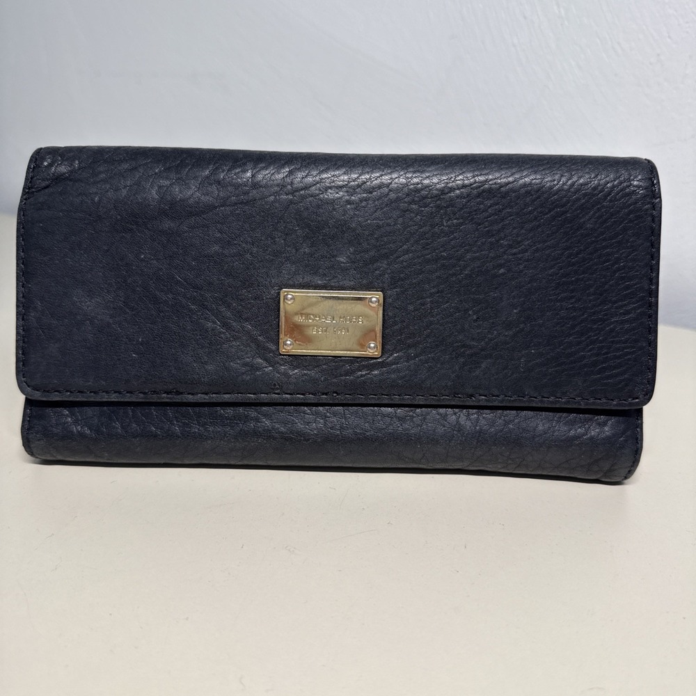 Michael Kors Black Soft Leather Twofold  Snap Zip Flap Women's Large Wallet